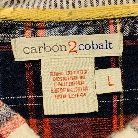 Men's Size Large CARBON2COBALT Plaid Shirt Lightweight 100% Cotton Chest Pockets - Picture 2 of 6